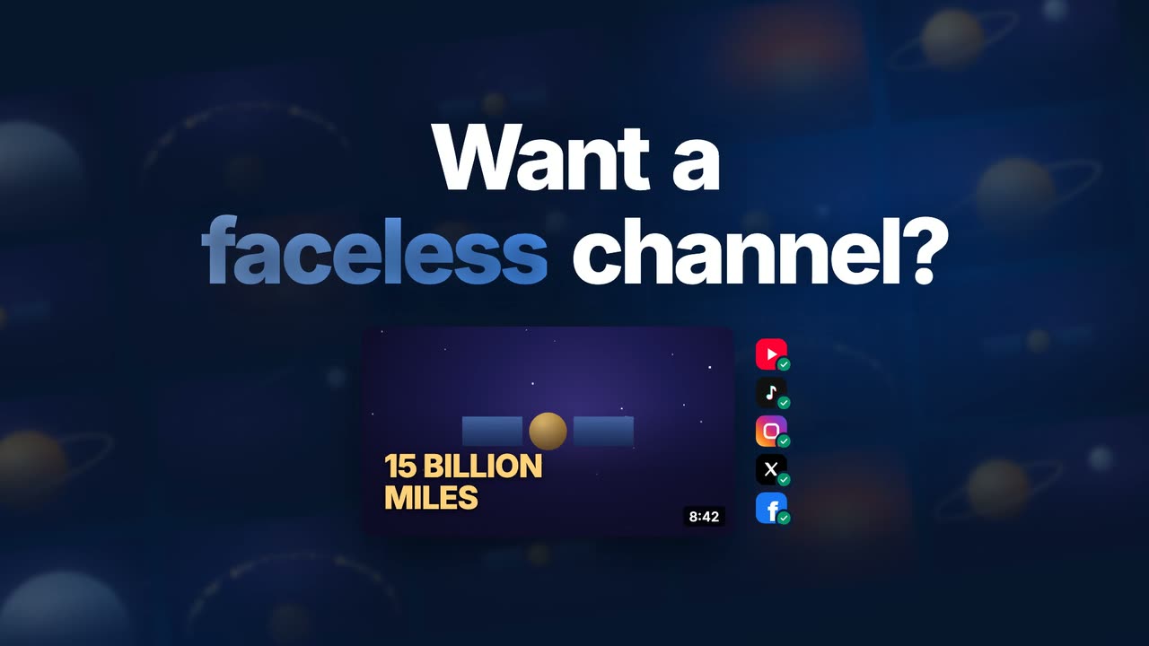 Distribute promo video: a faceless channel's style set once, an idea turned into script, scenes and voice with the credit cost shown first, every scene reviewed, the final cut approved from a phone, and Shorts scheduled to five platforms
